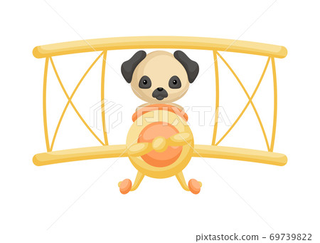 Cute dog pilot wearing aviator goggles flying an airplane. Graphic element for childrens book, album, scrapbook, postcard, mobile game. 69739822