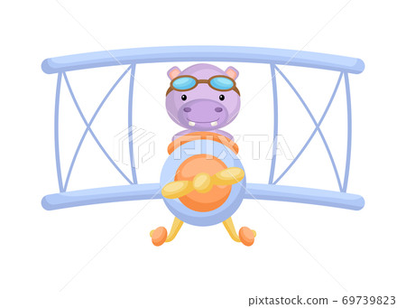 Cute hippo pilot wearing aviator goggles flying an airplane. Graphic element for childrens book, album, scrapbook, postcard, mobile game. Cute hippo pilot wearing aviator goggles flying an airplane. Graphic element for childrens book, album, scrapbook, postcard, mobile game. 69739823