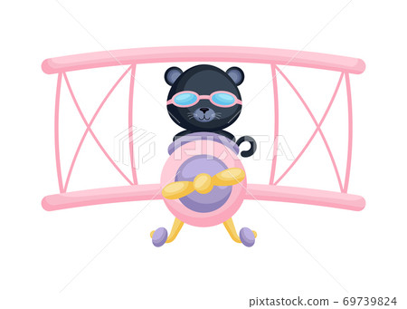 Cute panther pilot wearing aviator goggles flying an airplane. Graphic element for childrens book, album, scrapbook, postcard, mobile game. Cute panther pilot wearing aviator goggles flying an airplane. Graphic element for childrens book, album, scrapbook, postcard, mobile game. 69739824