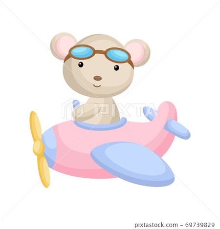 Cute mouse pilot wearing aviator goggles flying an airplane. Graphic element for childrens book, album, scrapbook, postcard, mobile game. 69739829