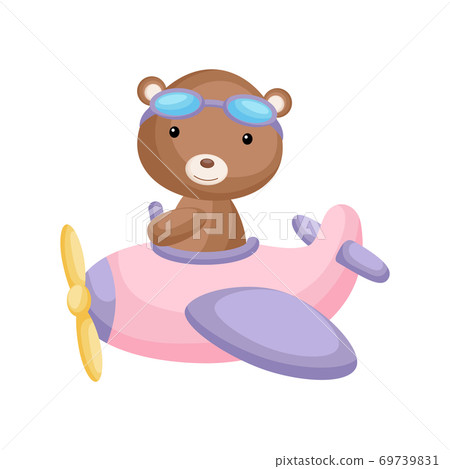 Cute bear pilot wearing aviator goggles flying an airplane. Graphic element for childrens book, album, scrapbook, postcard, mobile game. Cute bear pilot wearing aviator goggles flying an airplane. Graphic element for childrens book, album, scrapbook, postcard, mobile game. 69739831
