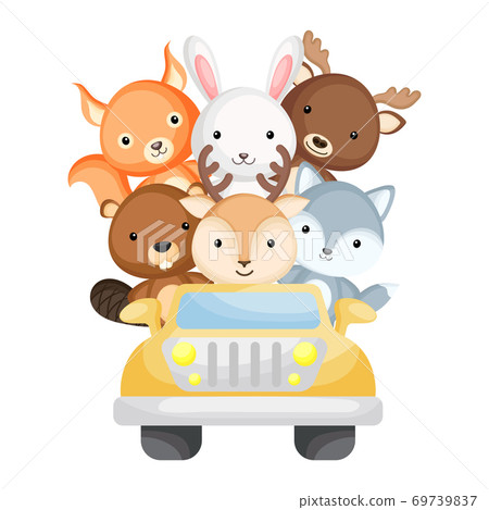 Cute deer, wolf, beaver, moose, squirrel and polar bear travel in car. Graphic element for childrens book, album, scrapbook, postcard. Zoo theme. 69739837