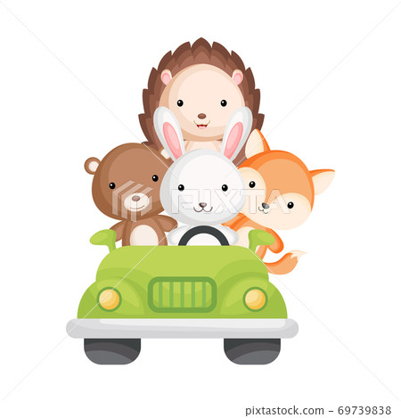 Cute rabbit, bear, fox and hedgehog travel in green car. Graphic element for childrens book, album, scrapbook, postcard, mobile game. Zoo theme. Cute rabbit, bear, fox and hedgehog travel in green car. Graphic element for childrens book, album, scrapbook, postcard, mobile game. Zoo theme. 69739838