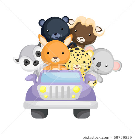 Cute kangaroo, jaguar, koala, lemur, panther, muskox travel in car. Graphic element for childrens book, album, postcard, mobile game. Zoo theme. 69739839