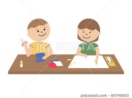 Illustration of a girl drawing a picture and a boy cutting paper 69740003