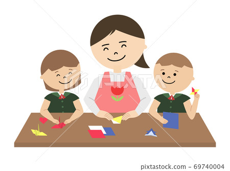 Illustration of a nursery teacher and a kindergarten child doing origami Illustration of a nursery teacher and a kindergarten child doing origami 69740004