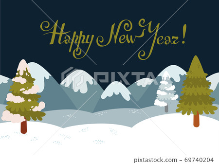Merry christmas and happy new year postcard with winter landscape 69740204