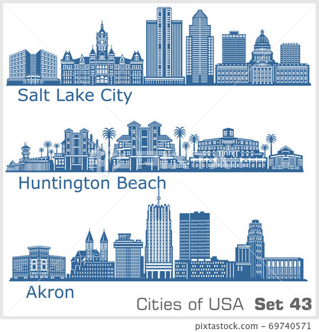 Cities of USA - Huntington Beach, Salt Lake City, Akron. Detailed architecture. Trendy vector illustration. Cities of USA - Huntington Beach, Salt Lake City, Akron. Detailed architecture. Trendy vector illustration. 69740571