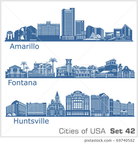 Cities of USA - Fontana, Amarillo, Huntsville. Detailed architecture. Trendy vector illustration. 69740582