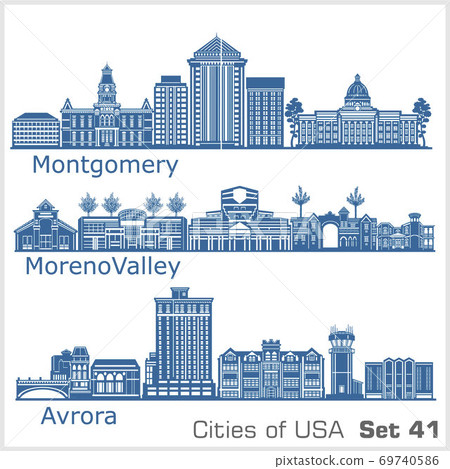 Cities of USA - Aurora, Moreno Valley, Montgomery. Detailed architecture. Trendy vector illustration. 69740586