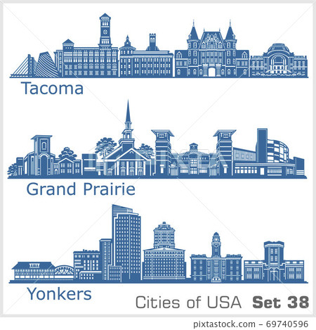 Cities of USA - Yonkers, Grand Prairie, Tacoma. Detailed architecture. Trendy vector illustration. 69740596