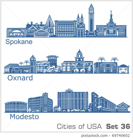 Cities of USA - Oxnard, Modesto, Spokane. Detailed architecture. Trendy vector illustration. 69740602