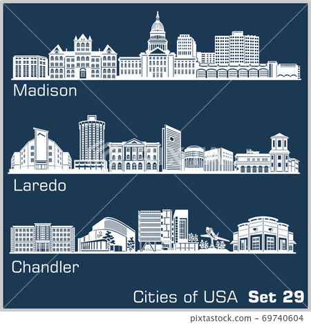 Cities of USA - Madison, Laredo, Chandler. Detailed architecture. Trendy vector illustration. 69740604