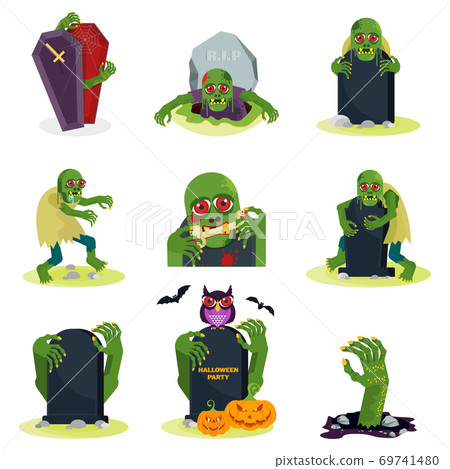 Set of Green zombie with red eyes set. Flat vector cartoon person. Set of Green zombie with red eyes set. Flat vector cartoon person. 69741480