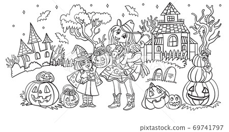 Vector cartoon halloween illustration sisters... - Stock Illustration ...