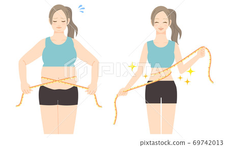 一個年輕的女人，之前測量她的腰與專業的插圖 69742013