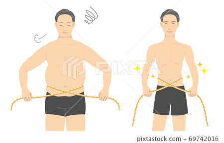 Illustration of a middle-aged man measuring the waist with a major before after 69742016