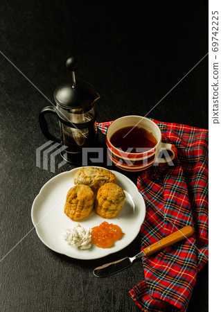 British scones Scottish scones with tea, jam and cream British scones Scottish scones with tea, jam and cream 69742225
