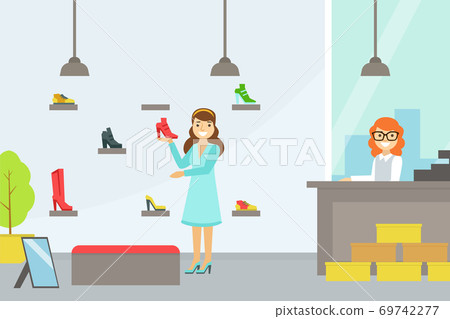 Girl Choosing and Bying Footwear, Women Shoes Shop with Saleswoman and Customer and Footwear on Shelves Flat Vector Illustration Girl Choosing and Bying Footwear, Women Shoes Shop with Saleswoman and Customer and Footwear on Shelves Flat Vector Illustration 69742277