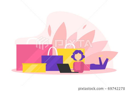 Woman Shopping Online, Girl Lying on Floor with Laptop Computer and Shopping Bags Beside Her Flat Vector Illustration Woman Shopping Online, Girl Lying on Floor with Laptop Computer and Shopping Bags Beside Her Flat Vector Illustration 69742278