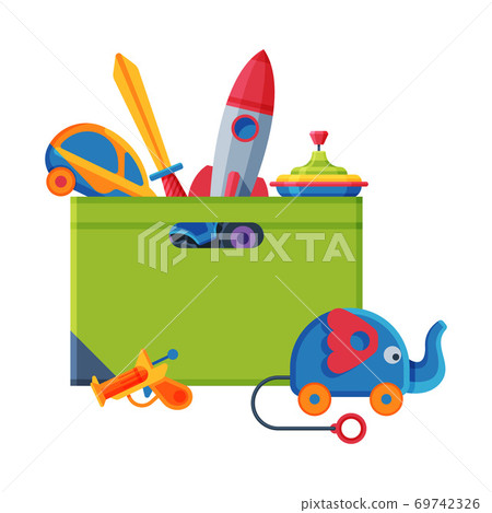 Box with Various Colorful Toys, Plastic Container with Rocket, Sword, Whirligig, Car, Gun Flat Vector Illustration 69742326