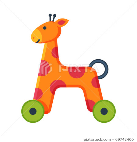 Giraffe on Wheels Baby Toy, Cute Colorful Plastic Plaything for Toddler Kids Flat Vector Illustration 69742400