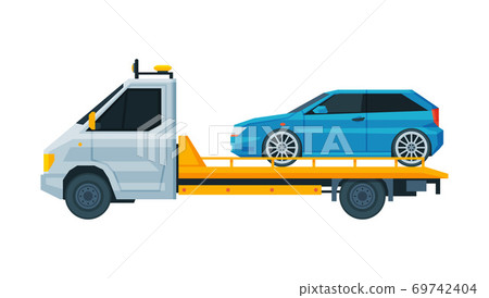 Blue Car Transporting on Tow Truck, Roadside Assistance Service Flat Vector Illustration Blue Car Transporting on Tow Truck, Roadside Assistance Service Flat Vector Illustration 69742404