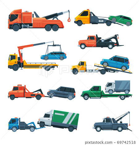 Tow Trucks Set, Evacuation Vehicles Transporting Cars, Road Assistance Service Flat Vector Illustration 69742518