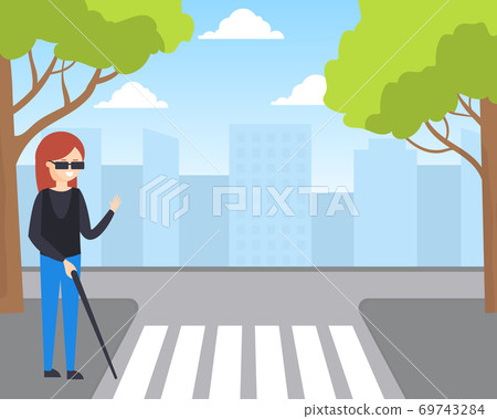 Blind Girl with Walking Cane Crossing the Pedestrian Crossing Road Cartoon Vector Illustration Blind Girl with Walking Cane Crossing the Pedestrian Crossing Road Cartoon Vector Illustration 69743284