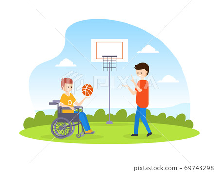 Disabled Basketball Player with Prosthesic Leg Playing Basketball with His Friend, Handicapped Person Doing Sports Outdoors Cartoon Vector Illustration Disabled Basketball Player with Prosthesic Leg Playing Basketball with His Friend, Handicapped Person Doing Sports Outdoors Cartoon Vector Illustration 69743298