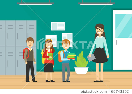 Cute Pupils and Sneerful Teacher Standing at Lockers, School Interior, Back to School Concept Cartoon Vector Illustration Cute Pupils and Sneerful Teacher Standing at Lockers, School Interior, Back to School Concept Cartoon Vector Illustration 69743302