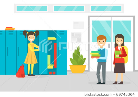 School Students Standing at Lockers in School, Hall Interior, Back to School Concept Cartoon Vector Illustration 69743304