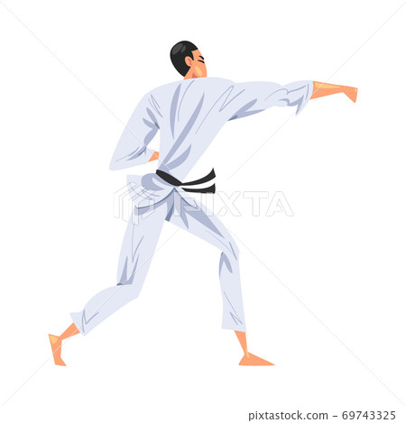 Man Karateka Doing Karate, Male Fighter Character in White Kimono Practicing Traditional Japan Martial Art Cartoon Style Vector Illustration Man Karateka Doing Karate, Male Fighter Character in White Kimono Practicing Traditional Japan Martial Art Cartoon Style Vector Illustration 69743325