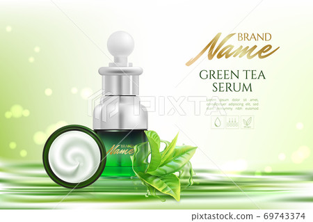 Advertising poster for cosmetic product for catalog, magazine. Vector design of cosmetic package.Moisturizing cream, gel, body lotion with green tea extract . Vector illustration with isolated objects 69743374