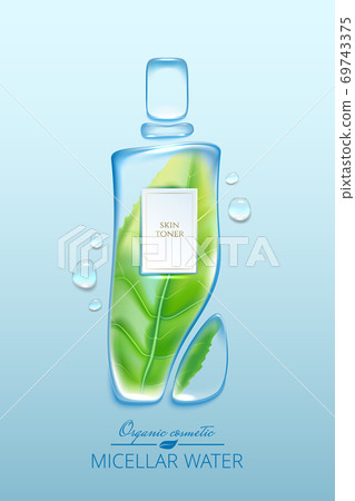 Original advertising poster design with water drops and liquid packaging silhouette for catalog, magazine. Cosmetic package.Moisturizing toner, micellar water with green tea extract Original advertising poster design with water drops and liquid packaging silhouette for catalog, magazine. Cosmetic package.Moisturizing toner, micellar water with green tea extract 69743375
