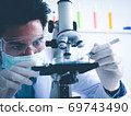 Asian male scientist Is working seriously Chemistry experiment With a microscope In the laboratory, the color tone image. 69743490