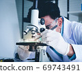 Asian male scientist Is working seriously Chemistry experiment With a microscope In the laboratory, the color tone image. 69743491