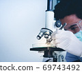 Asian male scientist Is working seriously Chemistry experiment With a microscope In the laboratory, the color tone image. 69743492