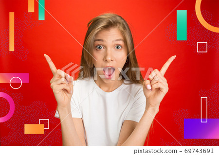 Caucasian woman's portrait isolated on bright, modern illustrated background. Caucasian woman's portrait isolated on bright, modern illustrated background. 69743691