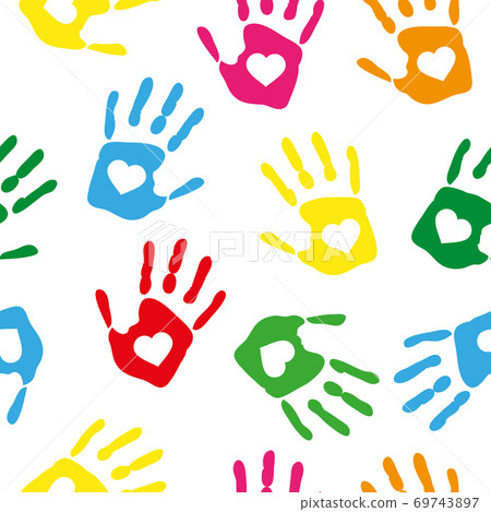Seamless pattern with rainbow colored hand prints with white hearts 69743897