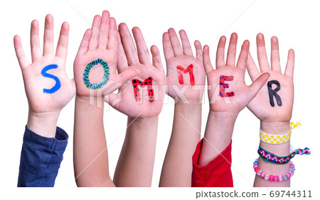 Children Hands Building Word Sommer Means Summer, Isolated Background 69744311