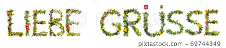Flower And Blossom Letter Building Word Liebe Gruesse Means Greetings 69744349