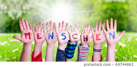 Children Hands Building Word Menschen Means Human, Grass Meadow 69744661