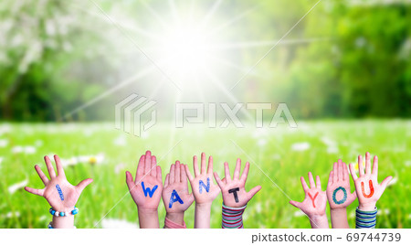 Children Hands Building Word I Want You, Grass Meadow Children Hands Building Word I Want You, Grass Meadow 69744739