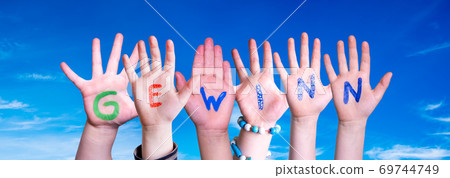 Children Hands Building Word Gewinn Means Prize, Blue Sky 69744749