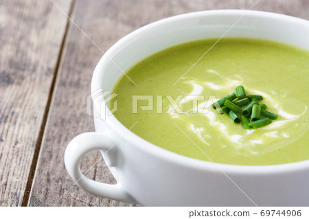 zucchini soup in bowl on wooden table.Copy space	 69744906