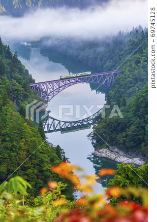 No. 1 Tadami River Bridge and Tadami Line Train Mishima Town, Fukushima Prefecture 69745128