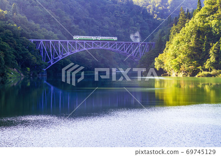 No. 1 Tadami River Bridge and Tadami Line Train Mishima Town, Fukushima Prefecture 69745129