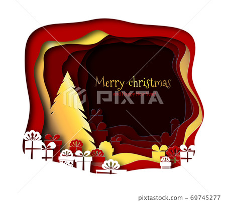 Merry christmas paper cut with tree vector. Around the fir are gifts decorated with ribbons. Multi-layered decorative illustration 69745277