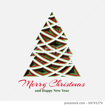Spruce in paper cut style with text. Christmas and New Year decorative design. Greeting card. Vector Spruce in paper cut style with text. Christmas and New Year decorative design. Greeting card. Vector 69745279